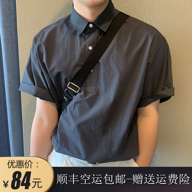 夏季韩版帅气短袖衬衫男士宽松半袖上衣潮流休闲套头五分袖衬衣男