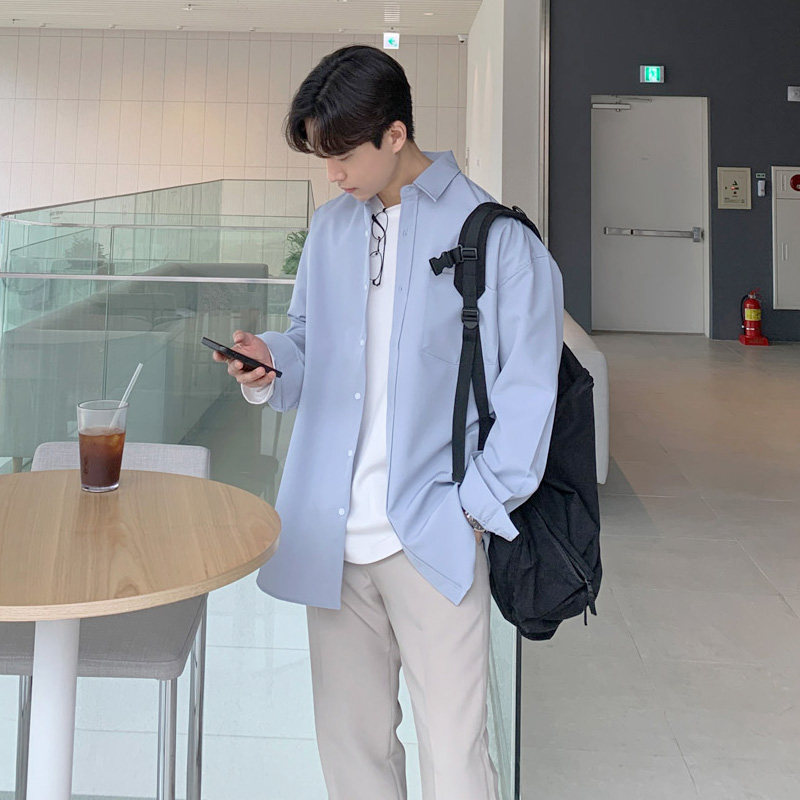 新款浅蓝色长袖衬衫男韩版潮流宽松休闲港风ins衬衣男生外搭上衣
