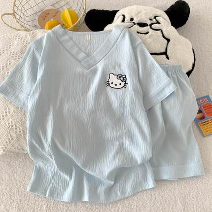 睡衣女夏短袖短裤薄款云朵棉蓝口袋猫卡通套装春季家居服两件套