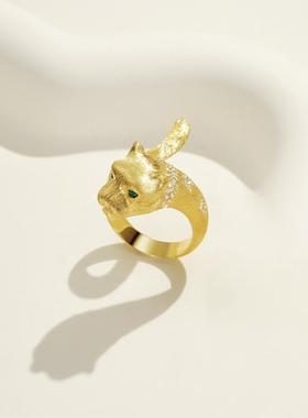 招财拉丝豹子925银镀金戒指小众