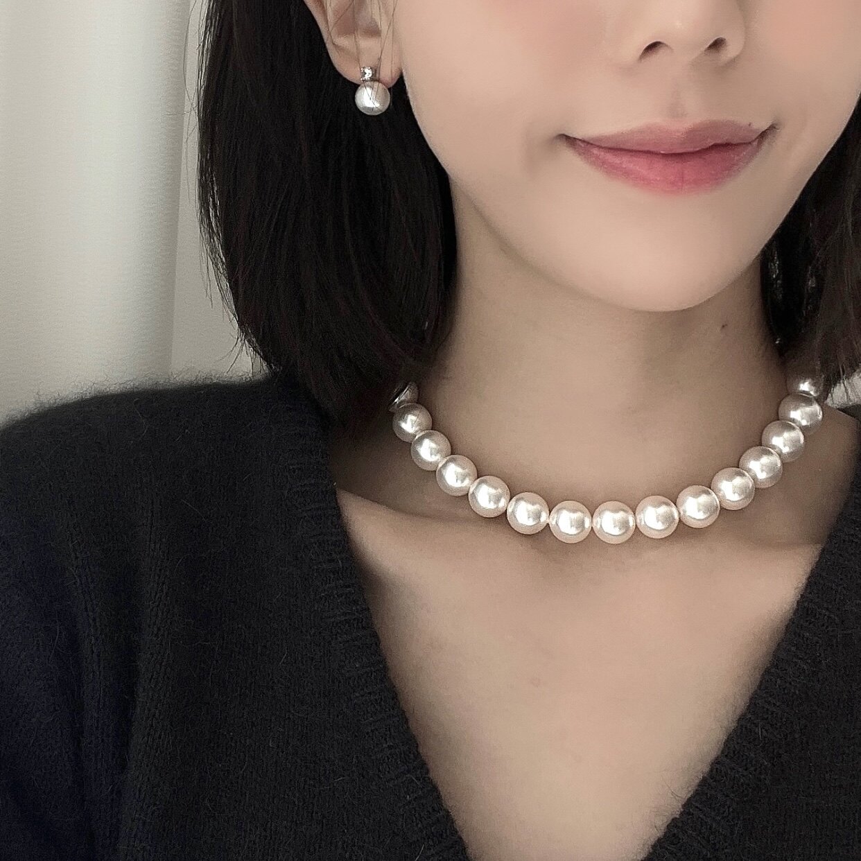 10mm12mm大点位人造澳白施家珍珠铜镀白金镶钻扣choker项链
