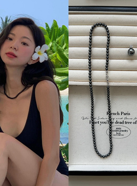 Joie黑色大溪地4/6mmBaby珠纯银元宝扣项链韩国博主Fever送礼女友