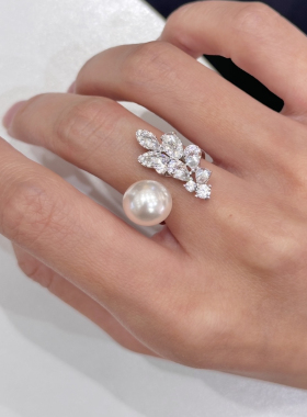 S925纯银大点位澳白质感珍珠翎羽戒指开口可调节送礼推荐