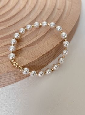 14k美国包金磁扣手链6mm施家珍珠