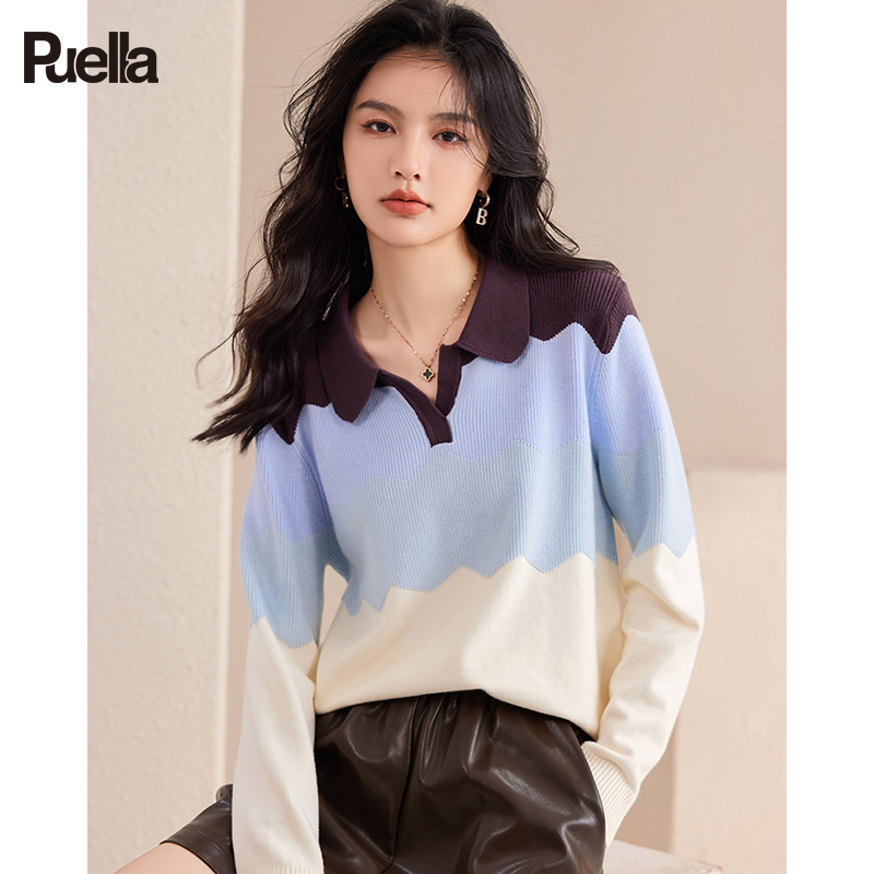 拉夏贝尔Puella毛衣女长袖打底衫女秋冬季洋气减龄polo领针织上衣