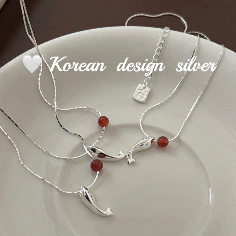 韩国ins风博主同款 通体S925纯银好运锦鲤小鱼红玛瑙项链简约百搭