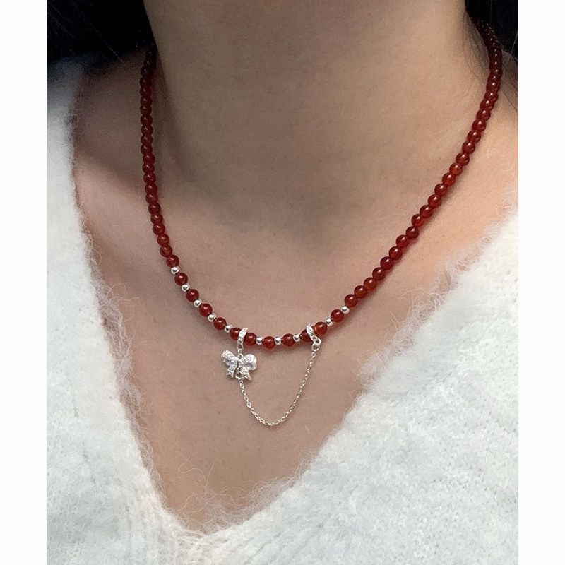 s925纯银红玛瑙蝴蝶结流苏项链女 圣诞新年氛围感ins甜美精致颈链