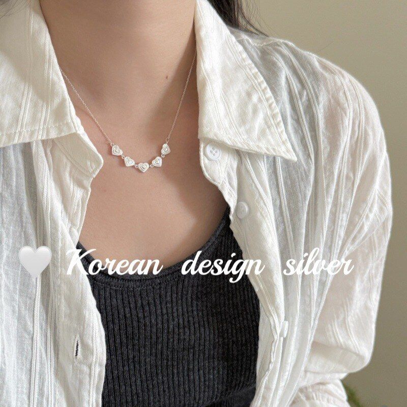 韩系秋冬新款银饰批发 S925纯纯银简约五颗爱心拼接项链小众高级
