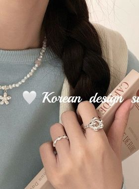 韩版简约设计饰品 S925纯银光面花蕊戒指叠戴开口可调节指环女ins