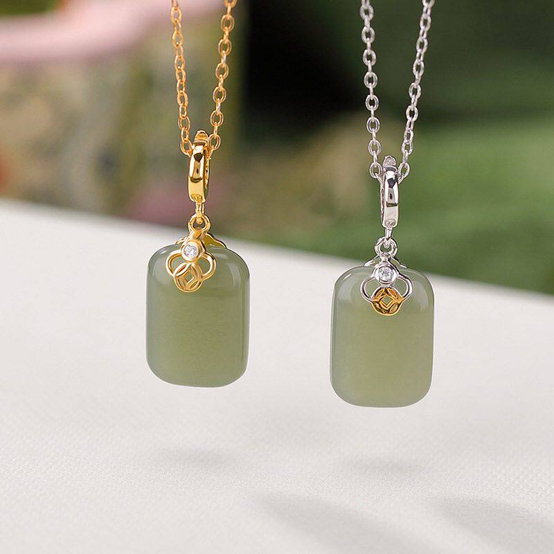 壹鹿银S925纯银镀金分色和田玉青玉无事牌铜钱方形简约银挂坠吊坠