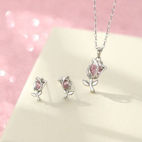 原创阿宝S999足银郁金香项链套装轻奢高级甜美小众清新首饰代发