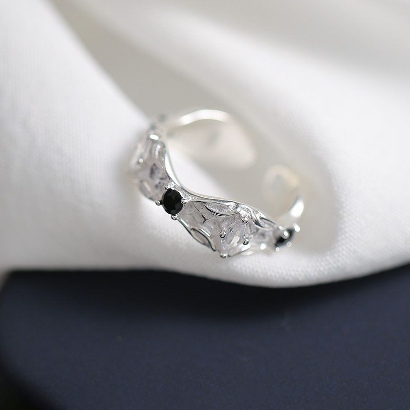 s925纯银镶锆石熔岩肌理质感戒指女日韩版简约小众设计开口食指环