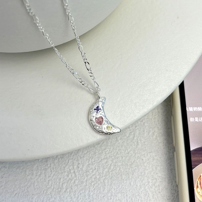 s925纯银月亮彩色锆石项链女ins夏季甜美简约少女心肌理感锁骨链