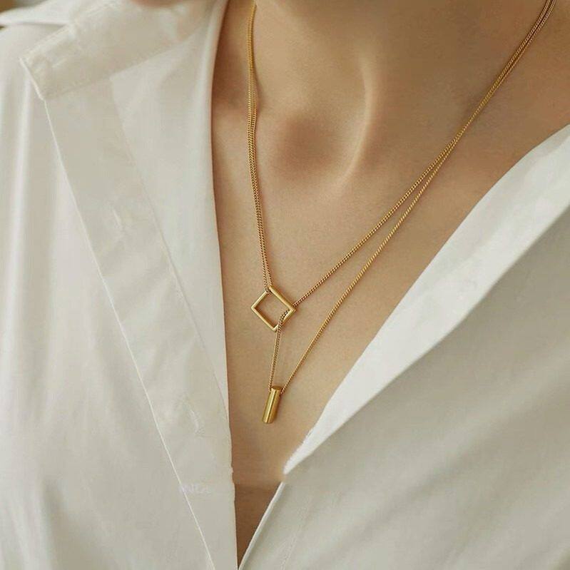 S925纯银镀14K金可调节双层百搭项链女几何造型欧美时尚毛衣链