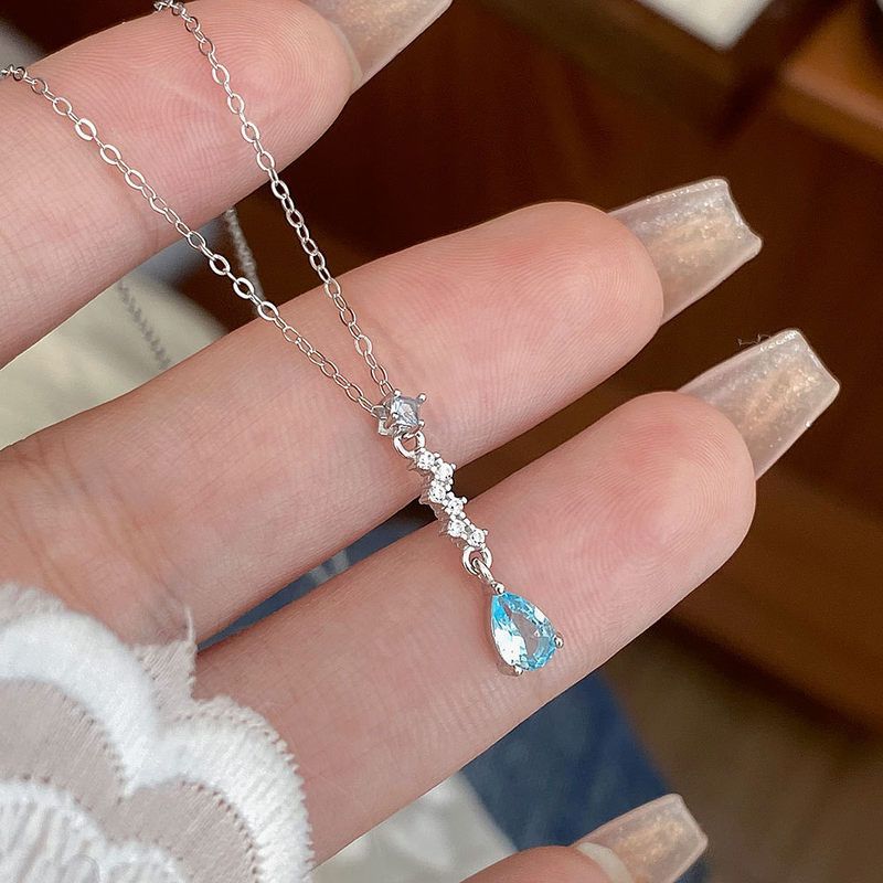 s925纯银蓝眼泪水滴吊坠项链紧致时尚清冷感锁骨链气质轻奢百搭链