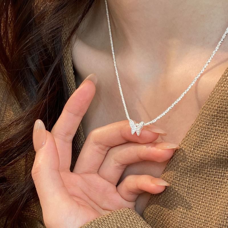 S925纯银波光粼粼蝴蝶项链轻奢甜美闪钻ins小众百搭高级感锁骨链