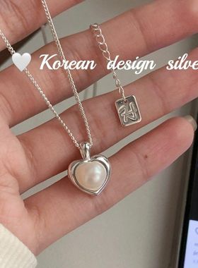 韩版小清新饰品 S925纯银爱心立体珍珠项链 简约日系叠戴锁骨链女