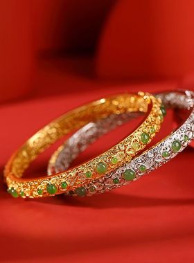 S925纯银镀金和田玉碧玉复古吉祥如意圆珠手镯传承款女手环礼物