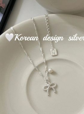 韩版ins简约设计银饰品 S925纯银蝴蝶结珍珠项链女叠戴百搭高级感