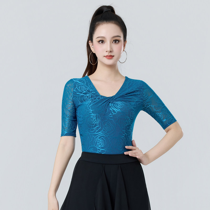 拉丁舞服装上衣女成人新款网纱中袖时尚洋气跳舞修身舞蹈练功服