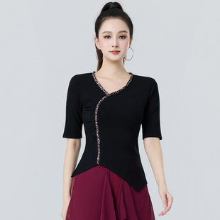 舞蹈练功服女成人新款现代舞跳舞时尚v领中袖不规则拉丁舞花上衣