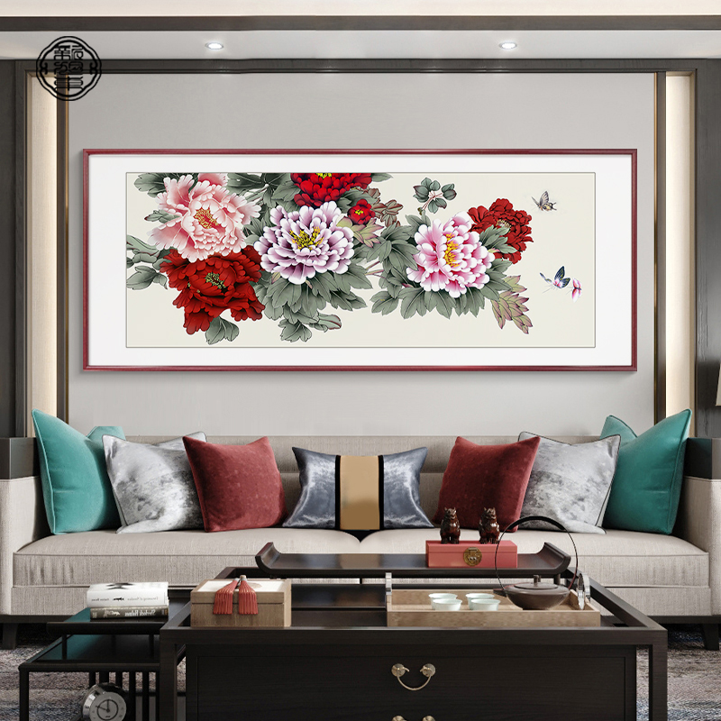 牡丹花挂画新中式客厅沙发背景墙装饰画花开富贵寓意好的手绘国画图片