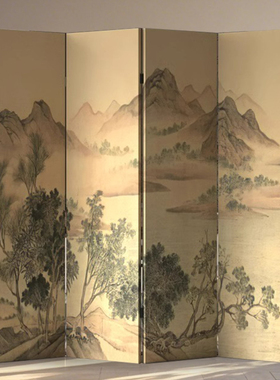 中式实木古画山水屏风隔断折叠客厅茶室遮挡家用定制包边移动折屏