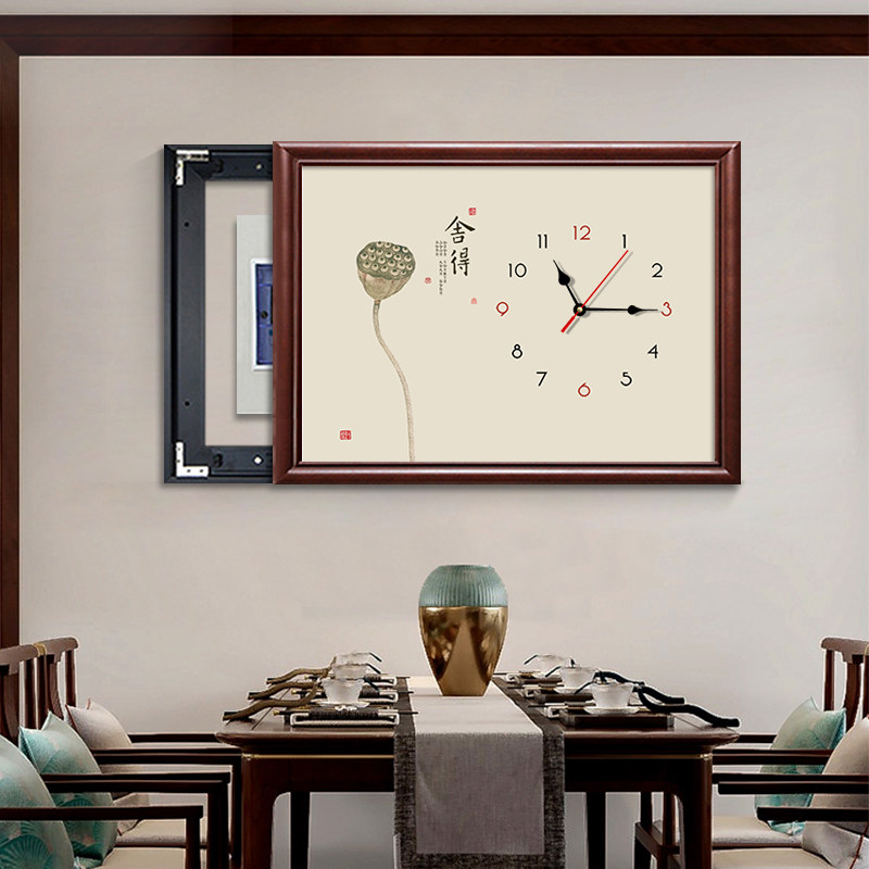 新中式禅意电表箱装饰画带钟表免打孔餐厅挡配电箱空气开关电闸盒
