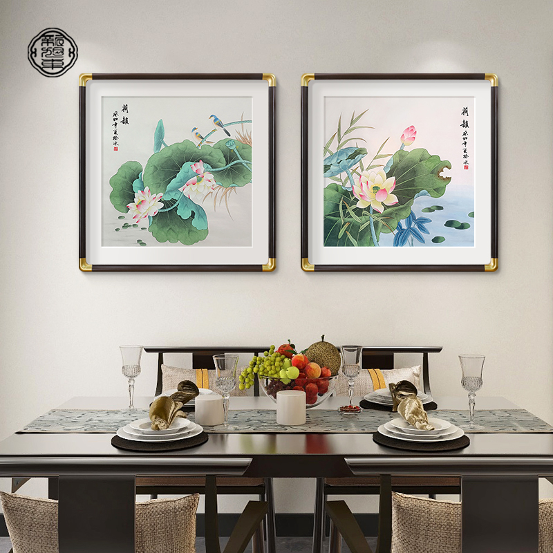 荷花装饰画新中式餐厅背景墙挂画玄关走廊尽头客厅寓意好组合壁画图片