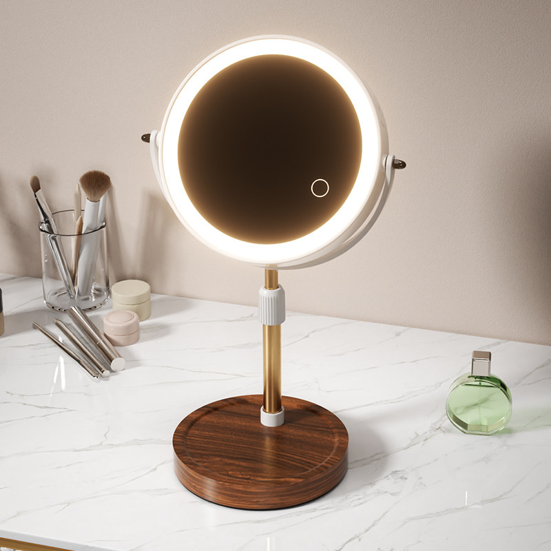 木底双面化妆镜带灯led台式桌面可立式升降家用卧室智能美妆镜子