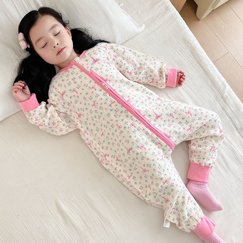 宝宝纯棉纱布连体睡衣夏季薄款女童长袖空调服儿童春秋款睡袋婴儿