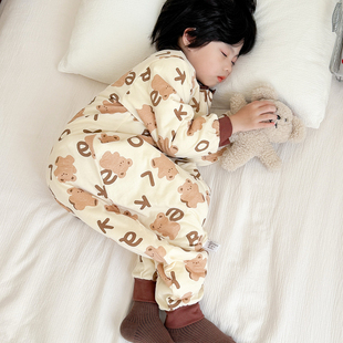 睡袋秋冬季儿童纯棉加厚夹棉男宝宝防踢被子冬天夹棉连体睡衣男童