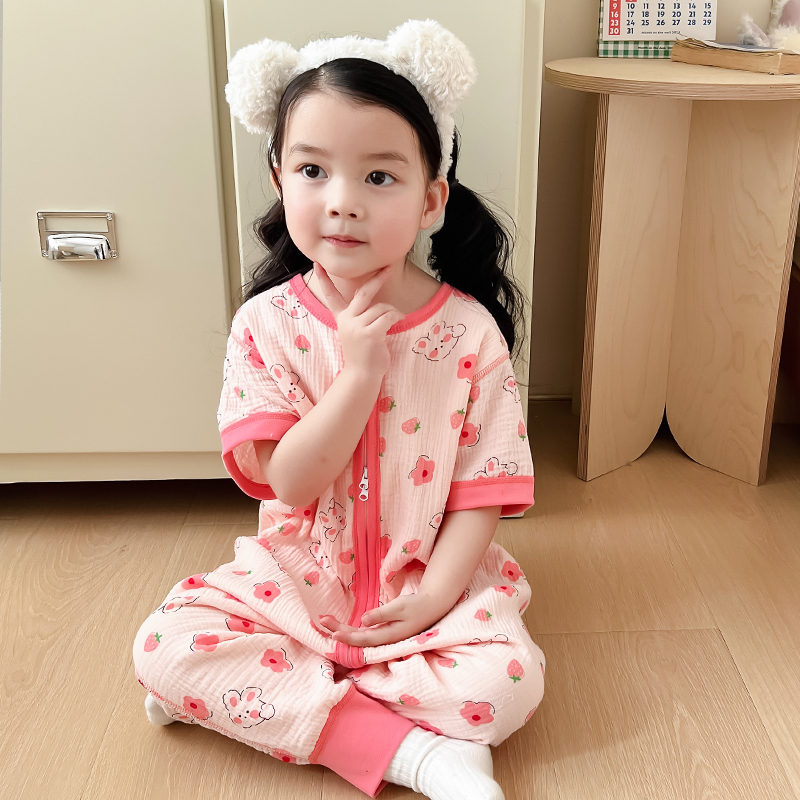 女童连体睡衣纯棉纱布夏天女孩宝宝睡袋春秋款儿童家居服婴儿夏季