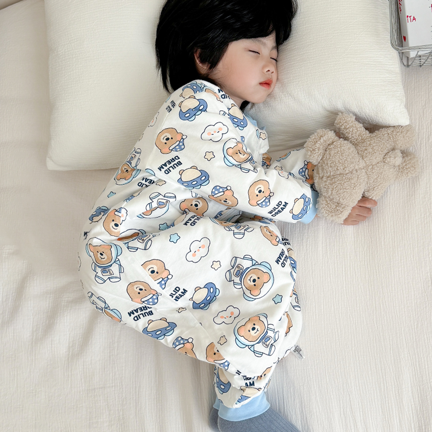 儿童睡袋纯棉冬季加厚夹棉连身衣