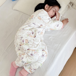女童连体睡衣纯棉冬季加厚夹棉儿童睡袋秋冬款婴儿家居服女孩宝宝