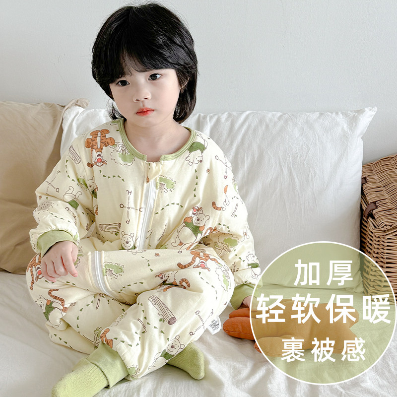 宝宝睡袋冬季加厚防寒纯棉儿童连体睡衣薄棉春秋防踢被秋冬款被子