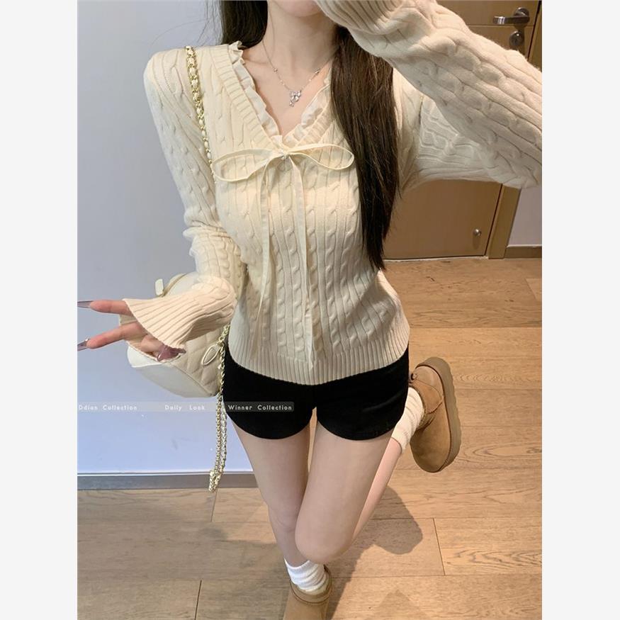 法式麻花蝴蝶结系带v领针织衫毛衣女春季内搭修身打底衫长袖上衣