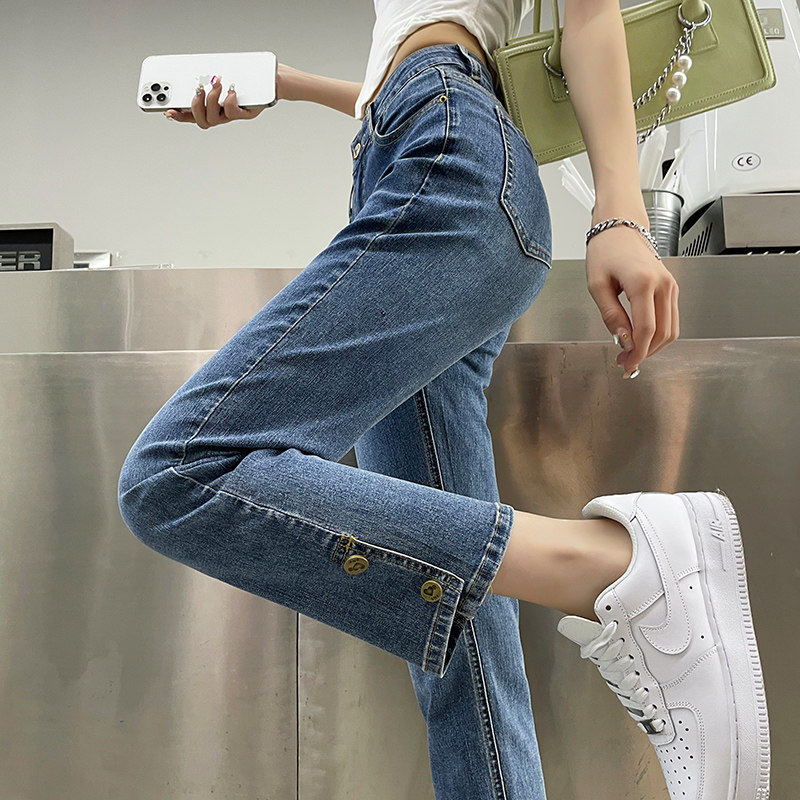 烟管侧开叉牛仔裤女窄版春夏高腰弹力八分修身小个子直筒九分裤子
