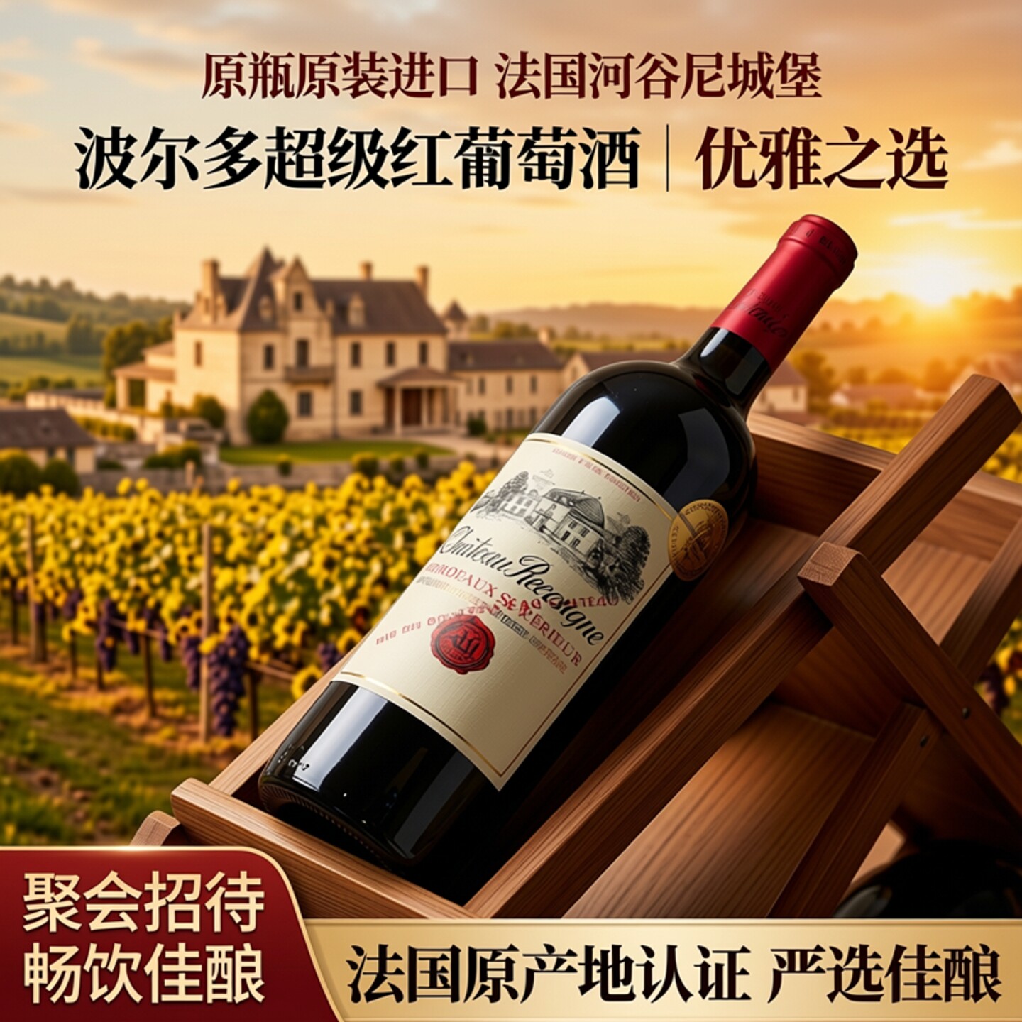 聚会招待畅饮法国红酒原瓶原装进口河谷尼城堡超级波尔多红葡萄酒