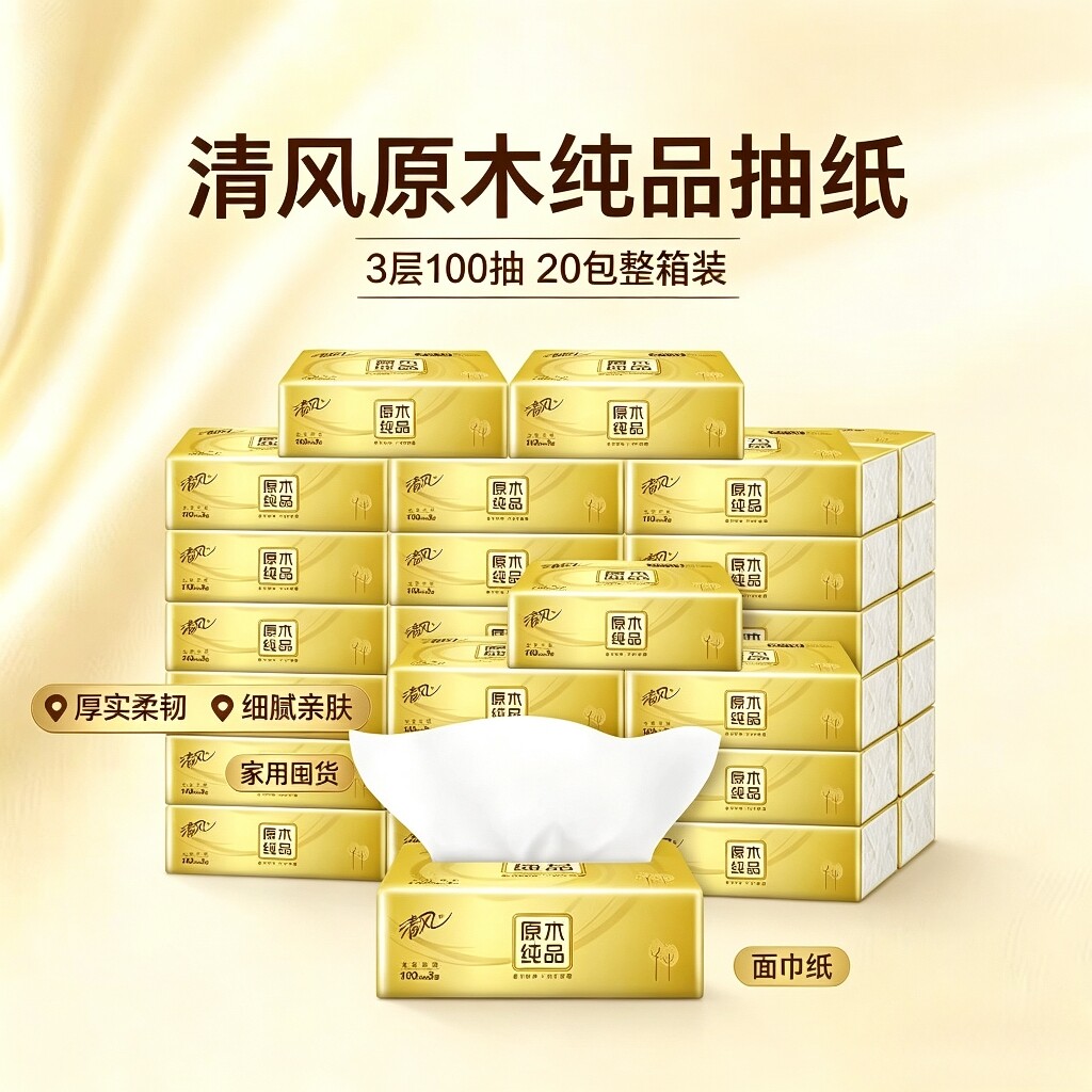 清风原木纯品3层100抽20包抽纸