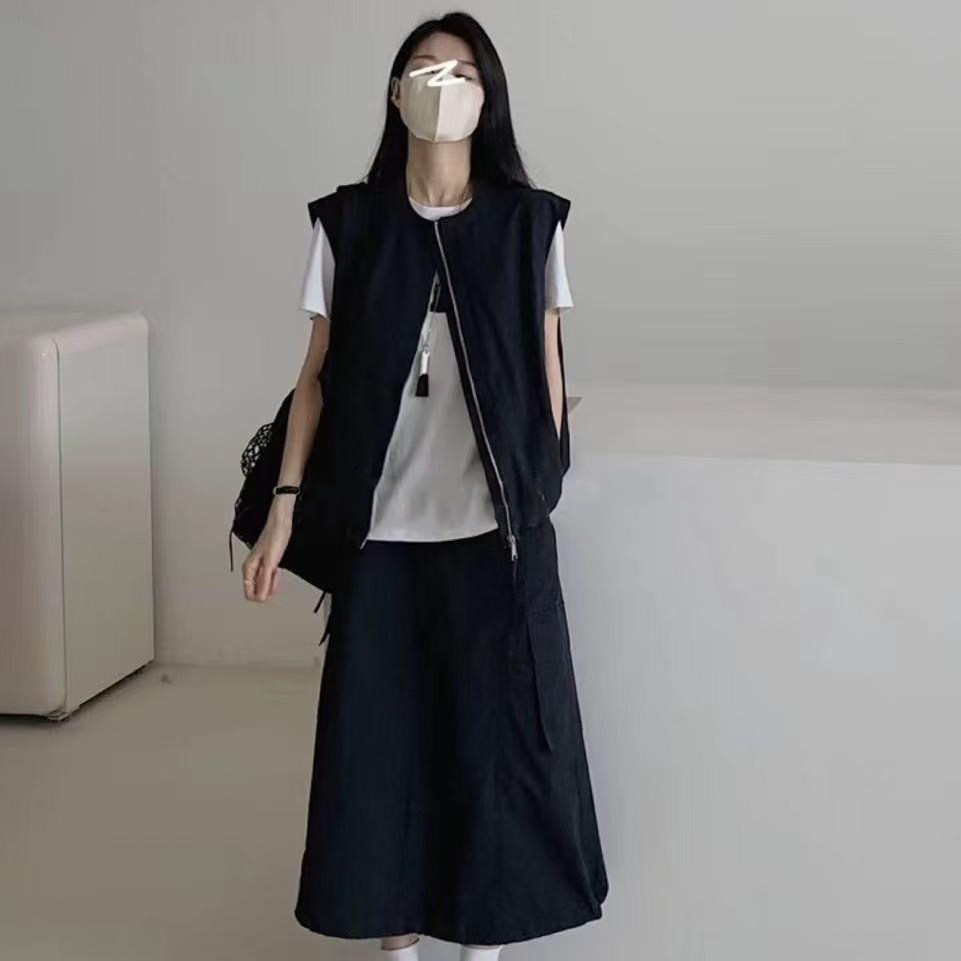 休闲工装半身裙套装女欧洲站2025夏季新款韩版立领无袖马甲两件套