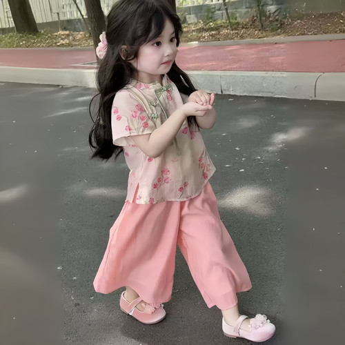 女童新中式古风短袖旗袍套装2025夏季儿童洋气汉服古风裤子两件套
