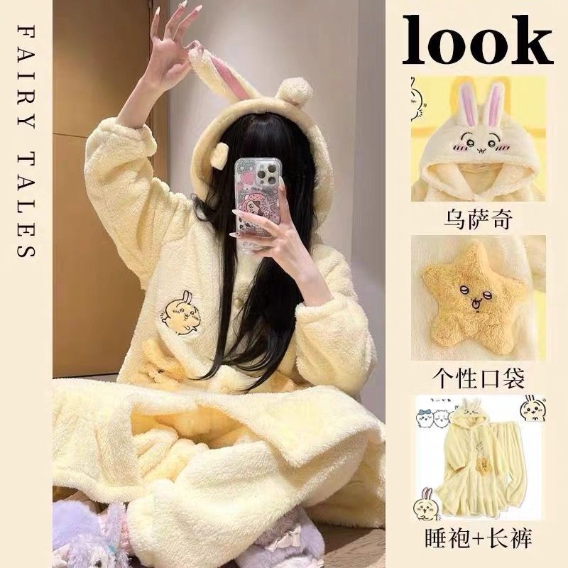 爆款大码300冬季睡衣女连帽卡通乌萨奇珊瑚绒可外穿套装家居服