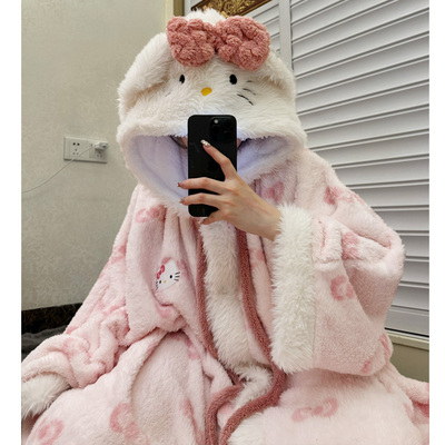 KT猫睡袍女童秋冬季珊瑚绒长款加绒加厚连帽斗篷睡衣母女家居服套