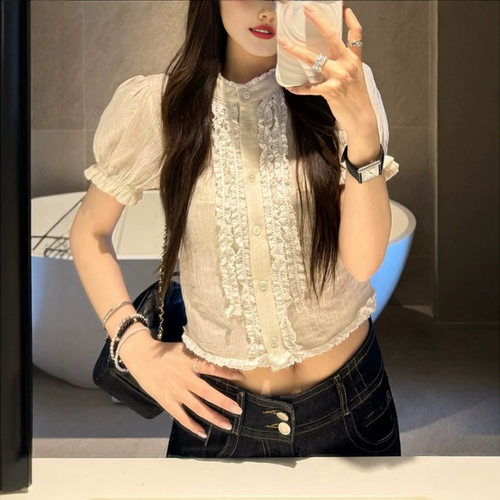 FC stud 旧梦庄园 泡泡袖上衣女短款蕾丝夏季气质复古衬衫