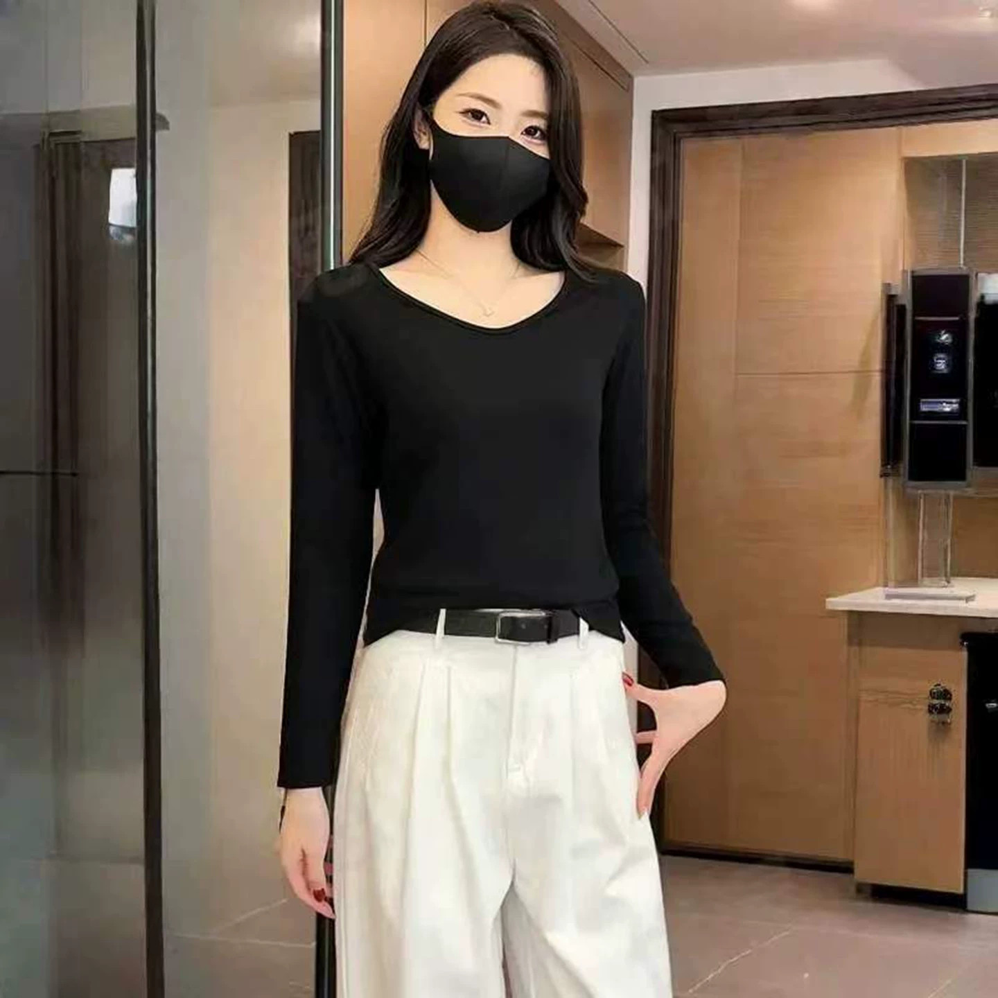 春秋V领长袖显瘦打底T恤女