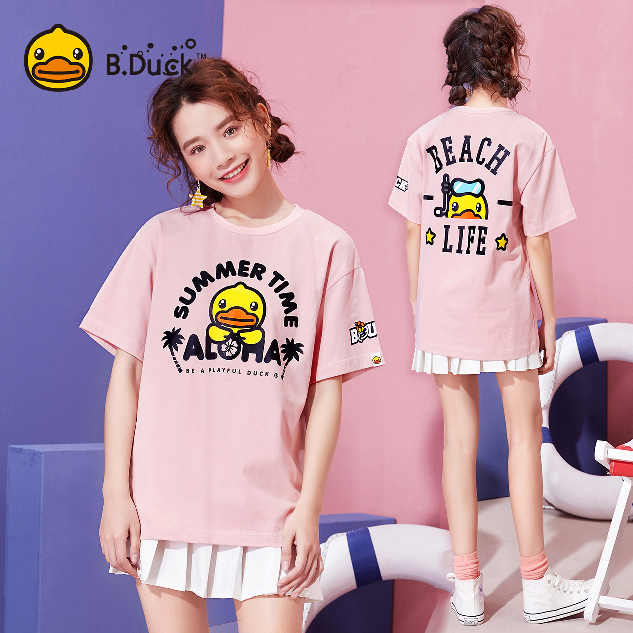 B.Duck小黄鸭女装2018夏新款时尚印花短袖T恤粉色宽松上衣打底衫