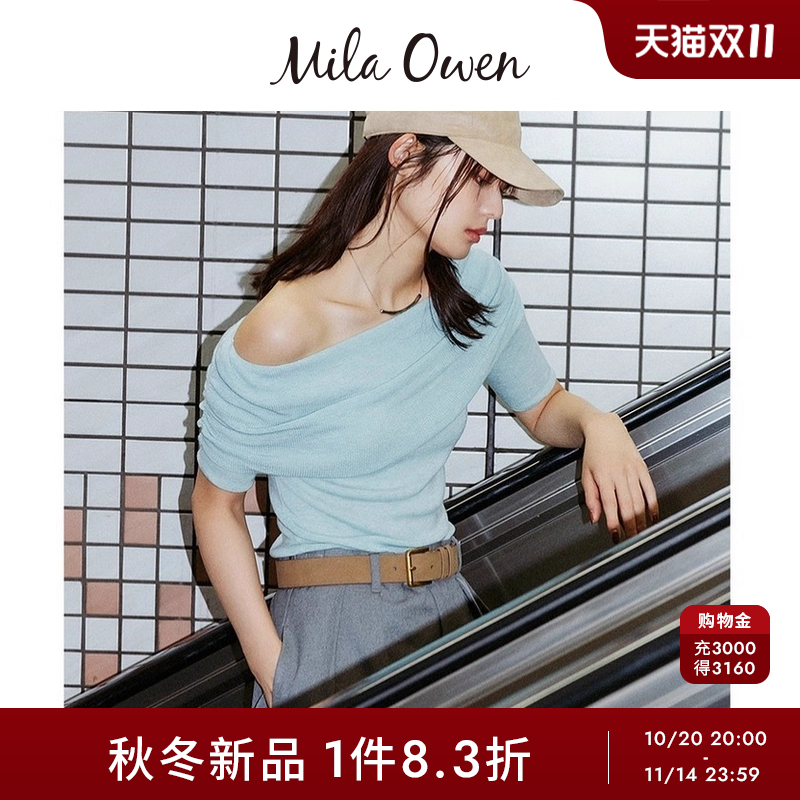 MilaOwen一字肩翻领短袖针织衫