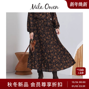 Mila 复古碎花松紧腰乔其纱百褶半裙09WFS255090 Owen25秋冬新品