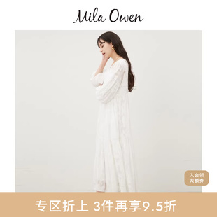 Owen春夏简约优雅蕾丝镂空圆领抽褶连衣裙09WFO242125 Mila